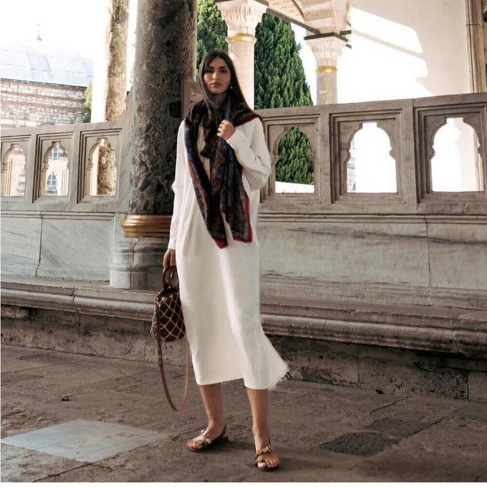 Zara White LONG RUCHED DRESS Size Medium - Picture 5 of 12